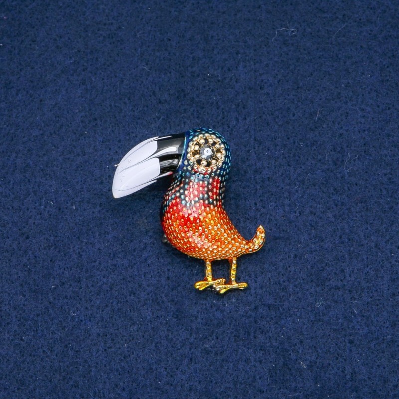 Brooch Toucan, enamel black/white, gray rhinestone, golden metal 40x35mm +