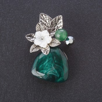 Brooch Pearlized Flower Flora, Jade bead (imitation), Agate Cabochon in Silver Metal
