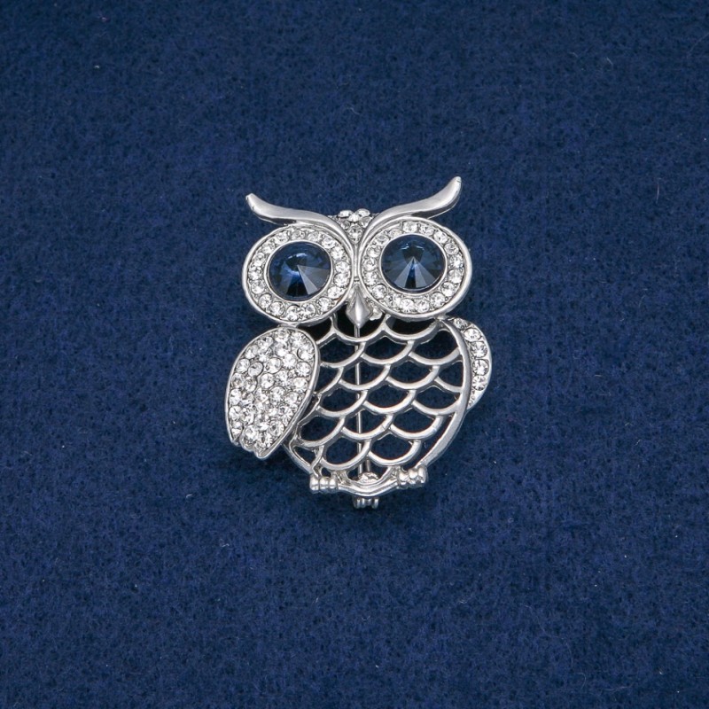 Owl Brooch, white rhinestones, blue crystals, silver metal 43x35mm +
