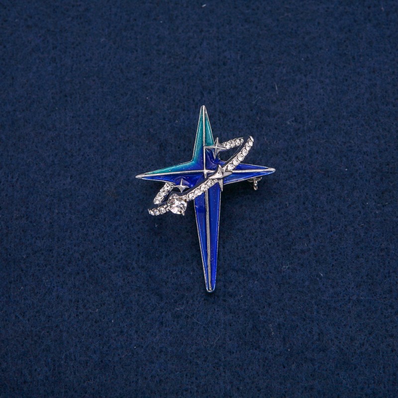 Brooch-Pendant Star in an Oval Ring, silver-toned metal with white crystals and blue turquoise enamel 45x33mm +