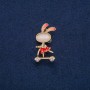 Brooch 'Bunny on a Scooter' with White Crystals, Gold-Toned Metal, Red Enamel, Cabochon Cat's Eye (breeze) 43x21mm +