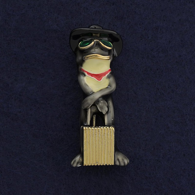 Brooch Pendant Frog with Suitcase in Gold-toned Metal, Grey Enamel 45x18mm +