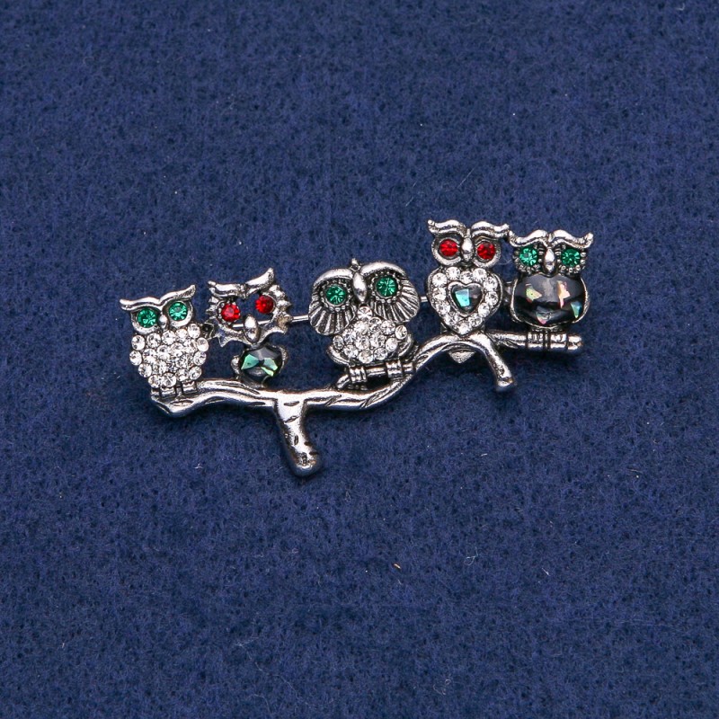 Brooch Owl with Silvered Metal, White, Red, and Green Rhinestones and Chalcedony 52x33mm +