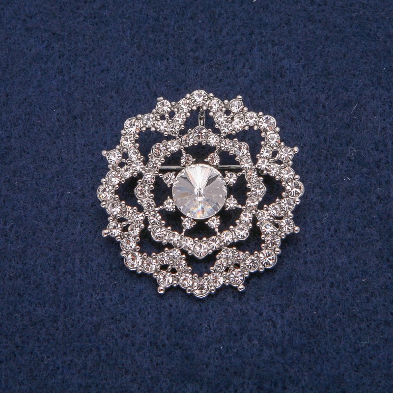 Brooch with Silver-colored Metal and White Rhinestones 40x40mm