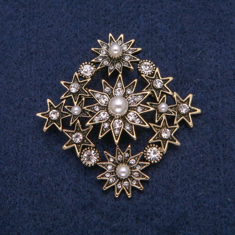 Brooch Accent with Beads and Rhinestones, Gold-Tone Metal 53x53mm