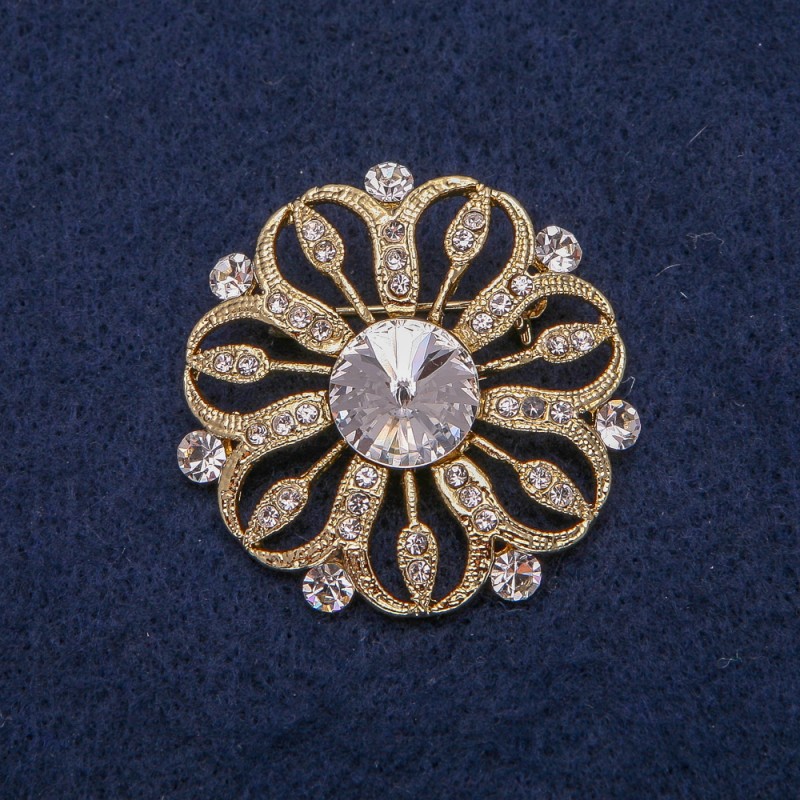Brooch Flower with golden metal and white crystals 38x38 mm