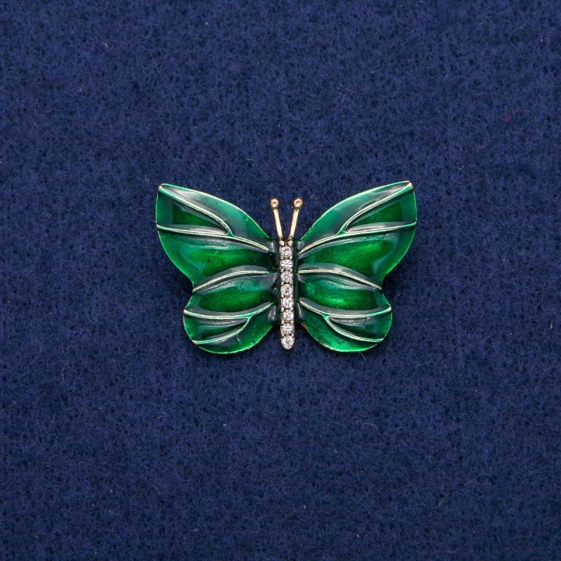 Brooch Butterfly with Green Enamel and Rhinestones 22x33mm, Gold-Tone Metal