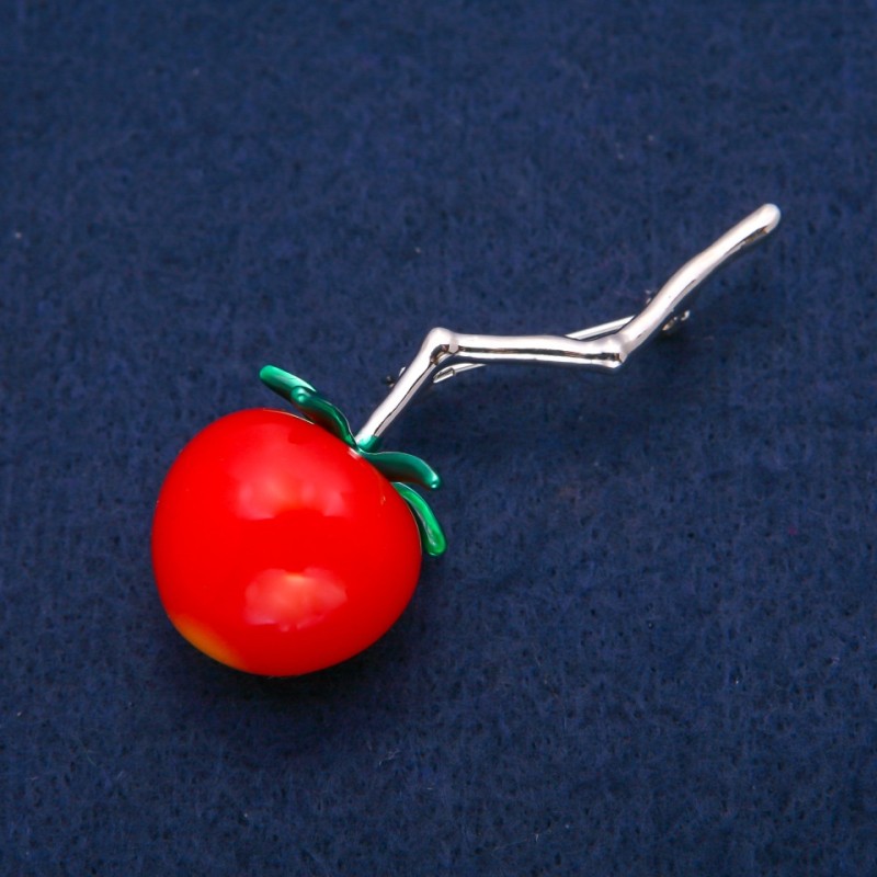 Brooch Tomato Cherry on a Branch, red bead, green enamel, silver metal 22×61 mm