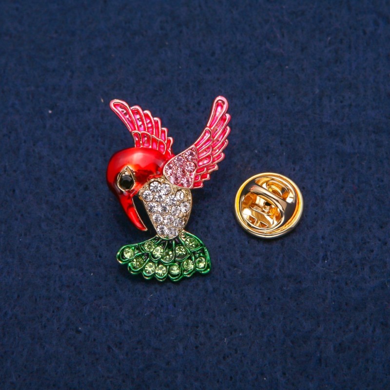 Brooch Colibri Colorful Enamel and Rhinestones, Gold-Tone Metal 23x31mm