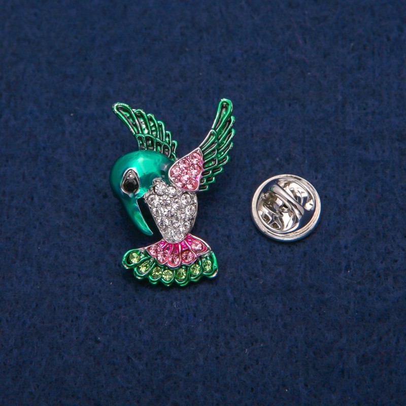 Brooch Colibri colored enamel and crystals, silver-tone metal 23x31mm