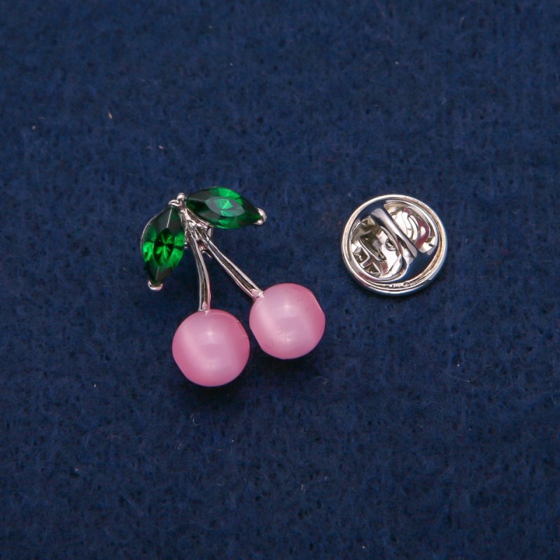 Brooch 'Cherries' with Cat's Eye and Crystals, Silver-Toned Metal 16x21mm