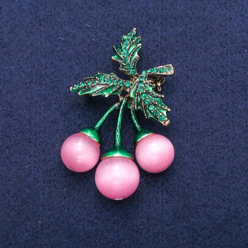 Brooch Pendant Cherry Heart with Beads Pink Cat's Eye and Green Enamel 35x60mm