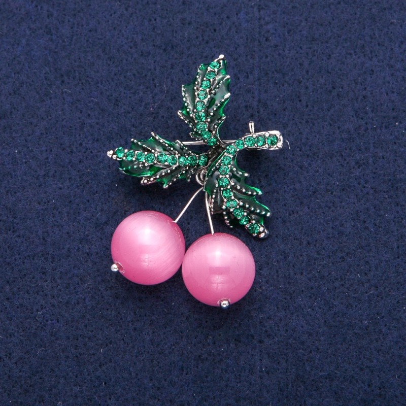 Brooch Pendant Cherry Beads Cat's Eye with Pink Beads, green enamel and crystals, silver metal 33x48mm