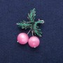 Brooch Pendant Cherry Beads Cat's Eye with Pink Beads, green enamel and crystals, silver metal 33x48mm