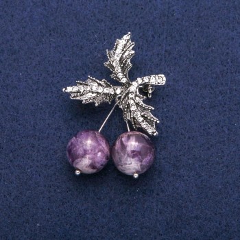Brooch Pendant Cherry with Amethyst Beads and White Crystals, Silvery Metal 33x48mm