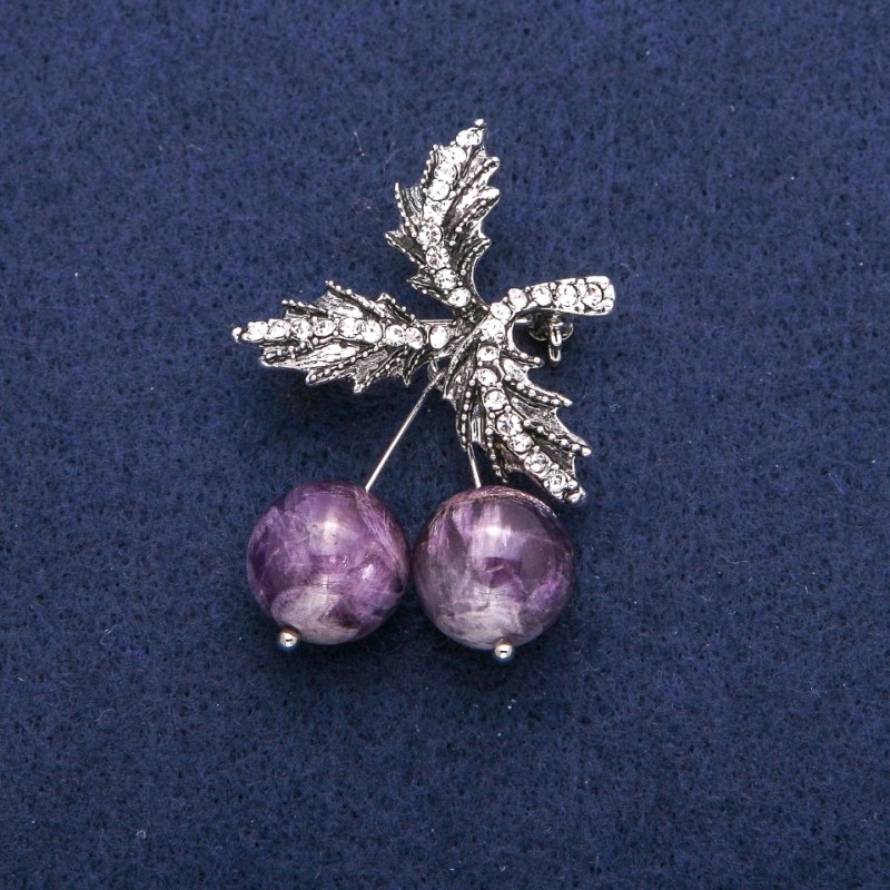 Brooch Pendant Cherry with Amethyst Beads and White Crystals, Silvery Metal 33x48mm