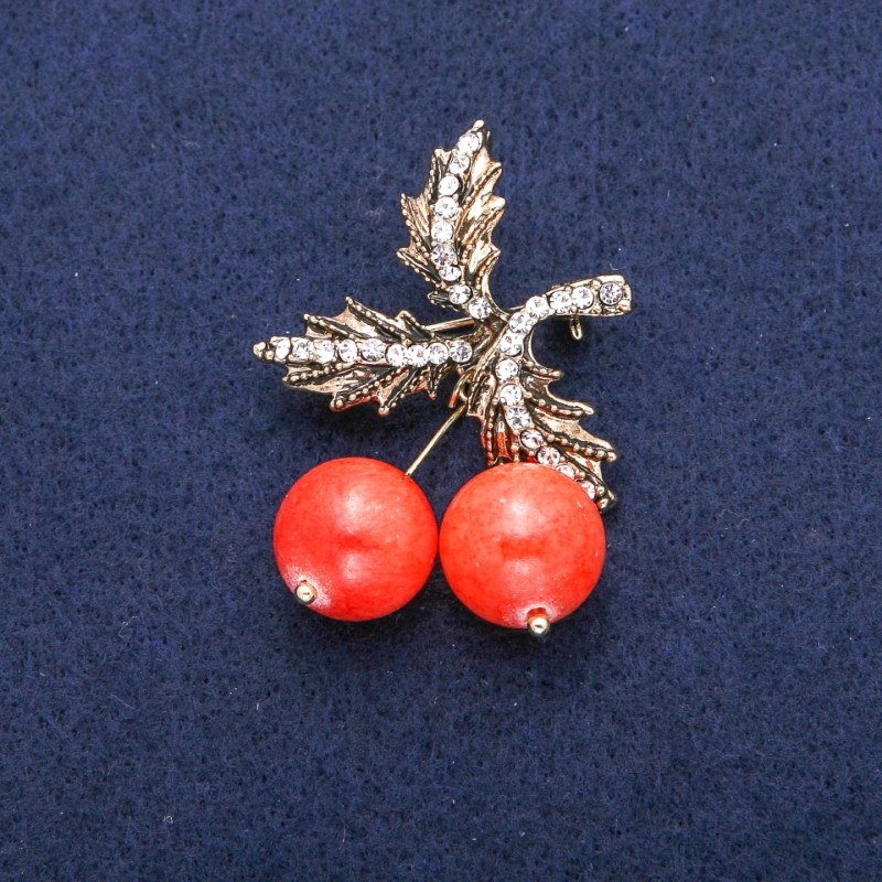Brooch Pendant Cherry Beads Heliodor (Artificial) and Rhinestones, Gold-tone Metal 33x48mm