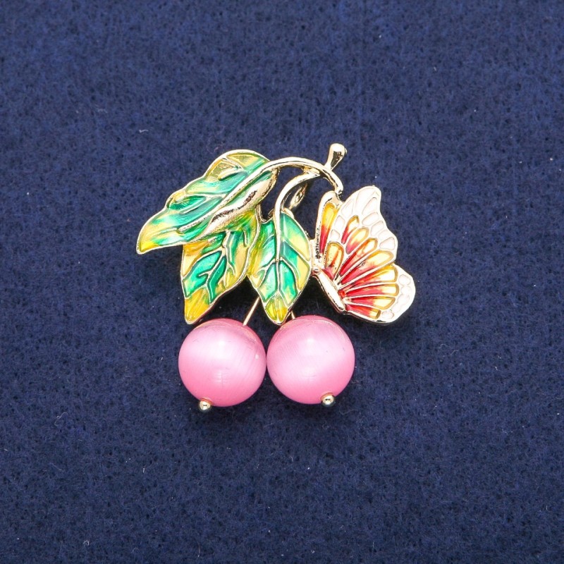Brooch Pendant Berry with butterfly with beads pink Cat's Eye and enamel, golden metal 39x40mm