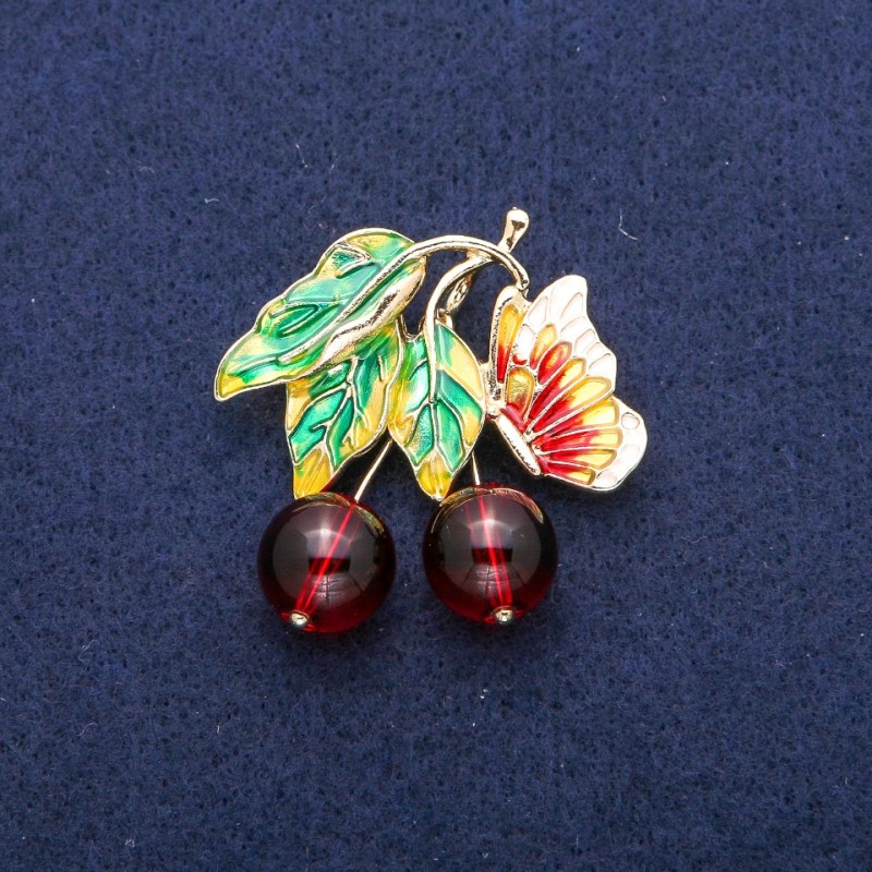 Brooch Pendant Berry with a Butterfly with Beads Garnet (individual) and Enamel, Golden Metal 39x40mm