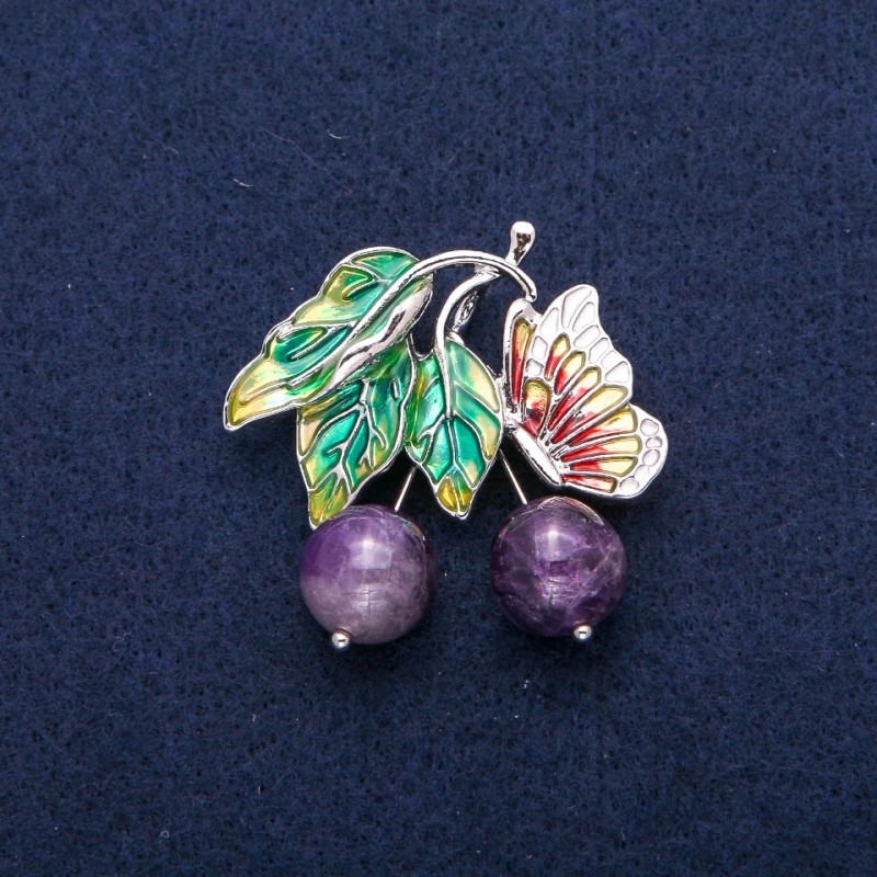Brooch Pendant Berry Berries with Butterfly with Beads Amethyst and Enamel, Silvered Metal 39×40 mm
