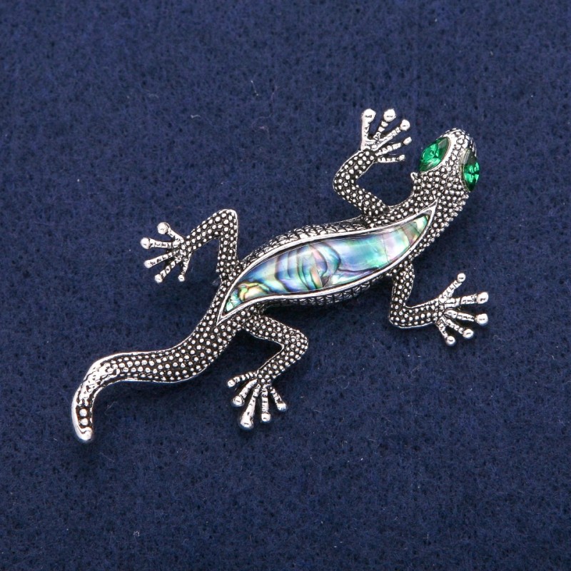 Brooch Lizard with Mother-of-Pearl Talos and Green Crystals, Silver Metal 34x67mm