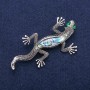 Brooch Lizard with Mother-of-Pearl Talos and Green Crystals, Silver Metal 34x67mm