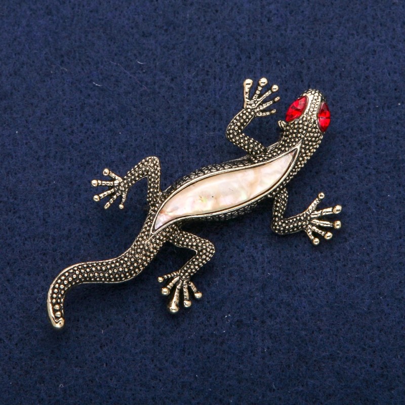 Brooch Gecko with mother-of-pearl and red crystals, golden metal 34×67mm