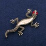 Brooch Gecko with mother-of-pearl and red crystals, golden metal 34×67mm