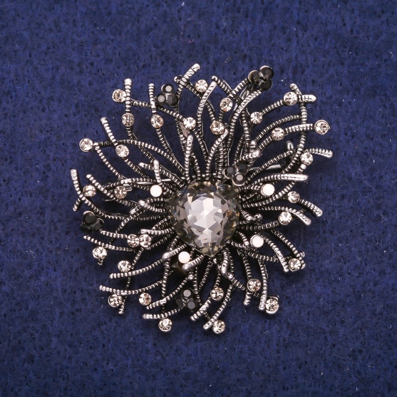 Brooch Accent with Rhinestones and Stone Color Gray Black White 44×47mm Silver Metal
