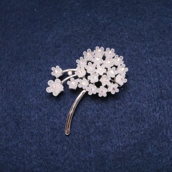 Brooch Flower 52x40mm Rhinestones White Silver Metal