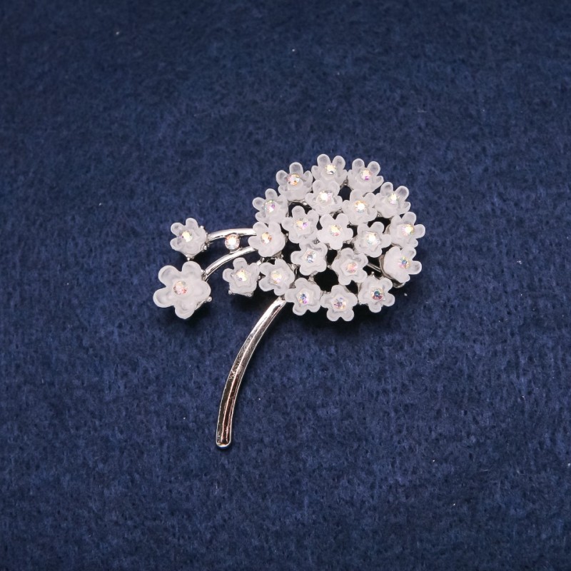 Brooch Flower 52x40mm Rhinestones White Silver Metal