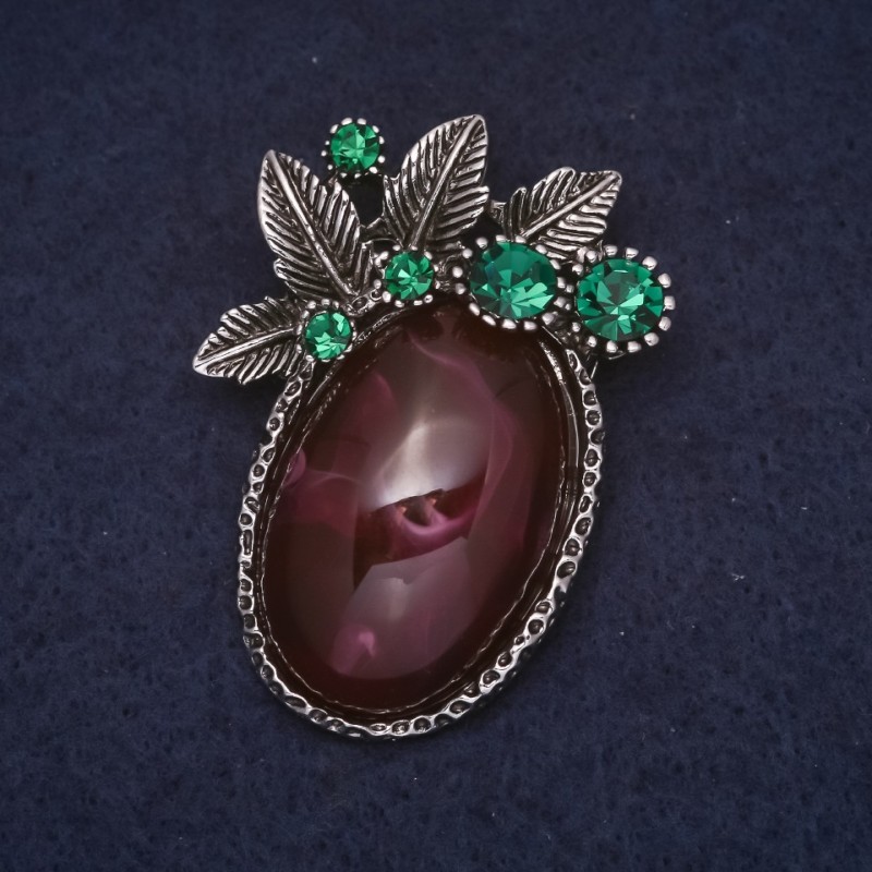 Brooch Accent Amethyst Silver 45x32mm Cabochon Zircon White Metal