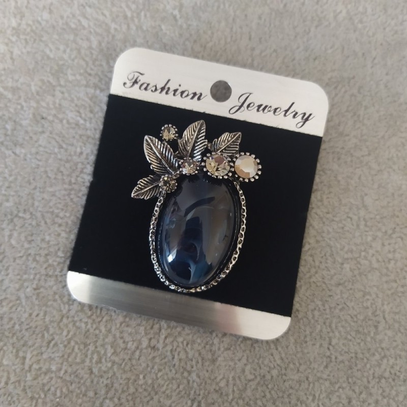 Brooch Accent Apatite Blue 45×32mm Cabochon with Crystals, Silver Metal