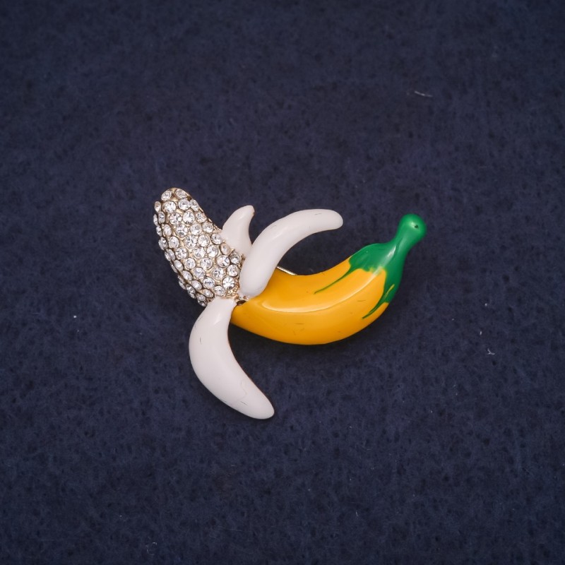 Brooch Banana 28x25mm with rhinestones and enamel white yellow green metal silver