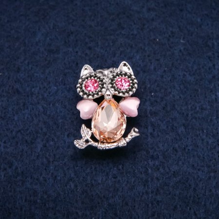 Brooch Owl: cat's eye, pink crystals, silver metal 19x28mm