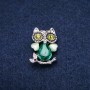 Brooch Owl with Cat's Eye and Green Crystals, Silver-tone Metal 19x28mm