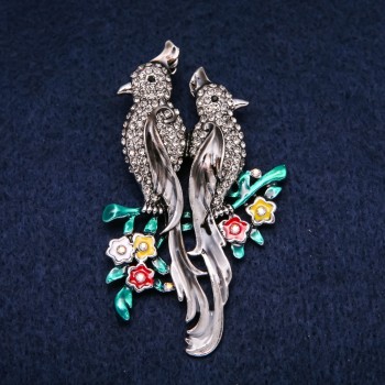 Brooch Parrots with enamel and gray rhinestones 42x67mm