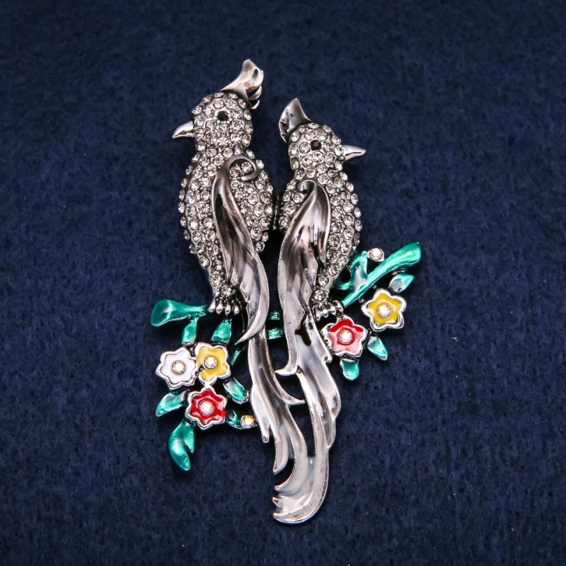 Brooch Parrots with enamel and gray rhinestones 42x67mm