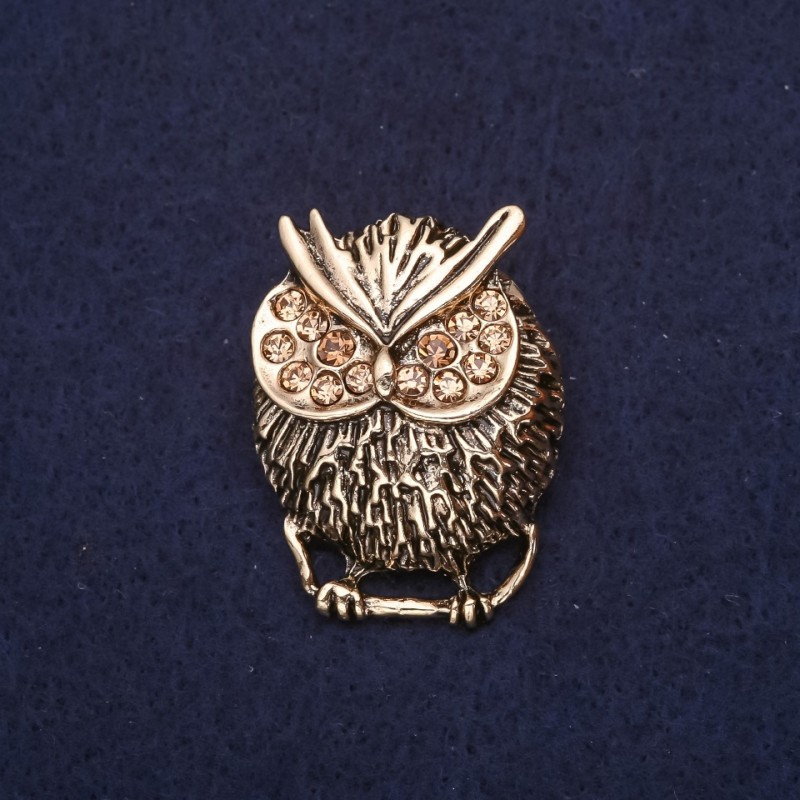 Brooch Owl with Rhinestones Yellow 332×25mm Golden Metal