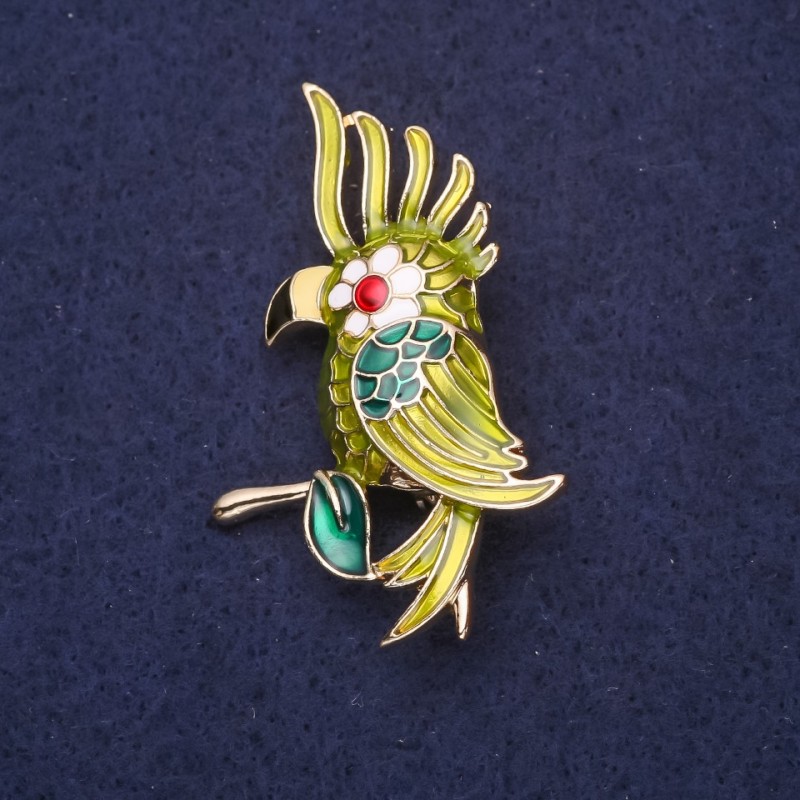 Brooch Parrot enamel color green white red 50x30mm golden metal