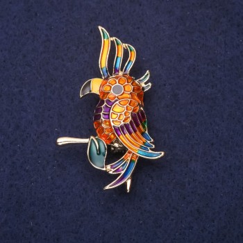 Brooch Parrot Enamel Orange Green Yellow Purple 50x30mm Gold-Toned Metal