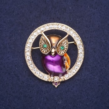 Brooch Owl in Circle with Enamel and Rhinestones, color white yellow purple green, 36x40mm, gold-toned metal