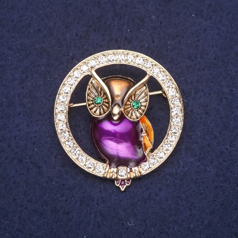 Brooch Owl in Circle with Enamel and Rhinestones, color white yellow purple green, 36x40mm, gold-toned metal