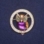 Brooch Owl in Circle with Enamel and Rhinestones, color white yellow purple green, 36x40mm, gold-toned metal