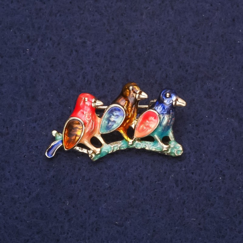 Brooch Birds on a Branch Enamel Red Blue Light Brown 33x17mm Golden Metal