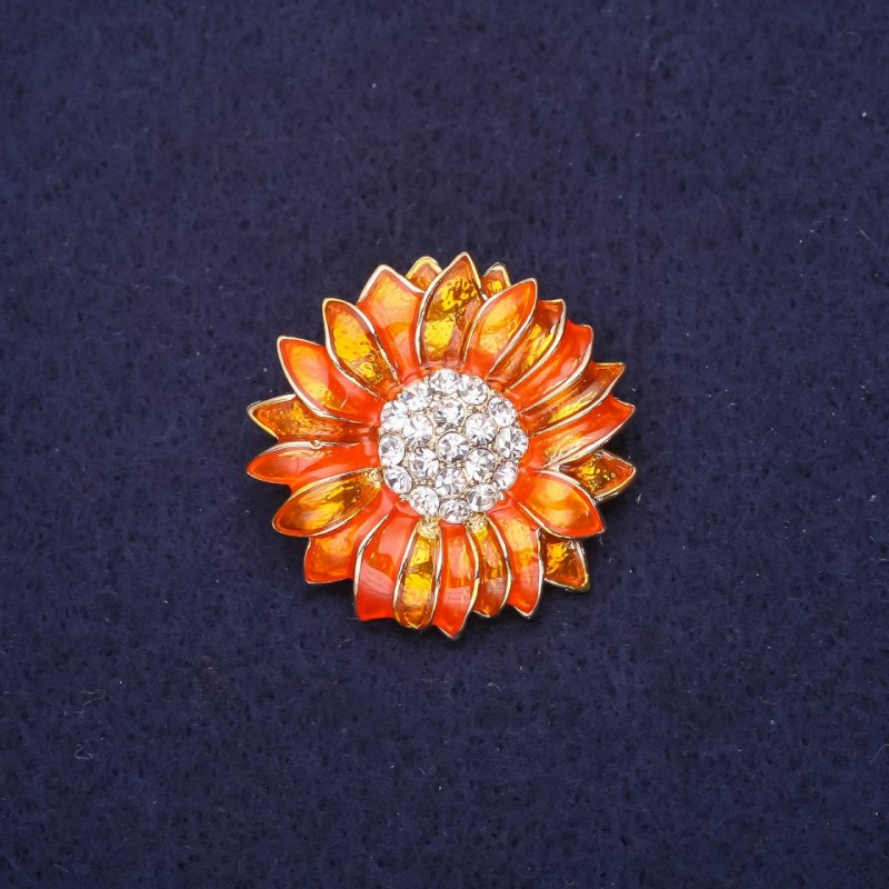 Brooch Flower with enamel and crystals orange 29mm golden metal