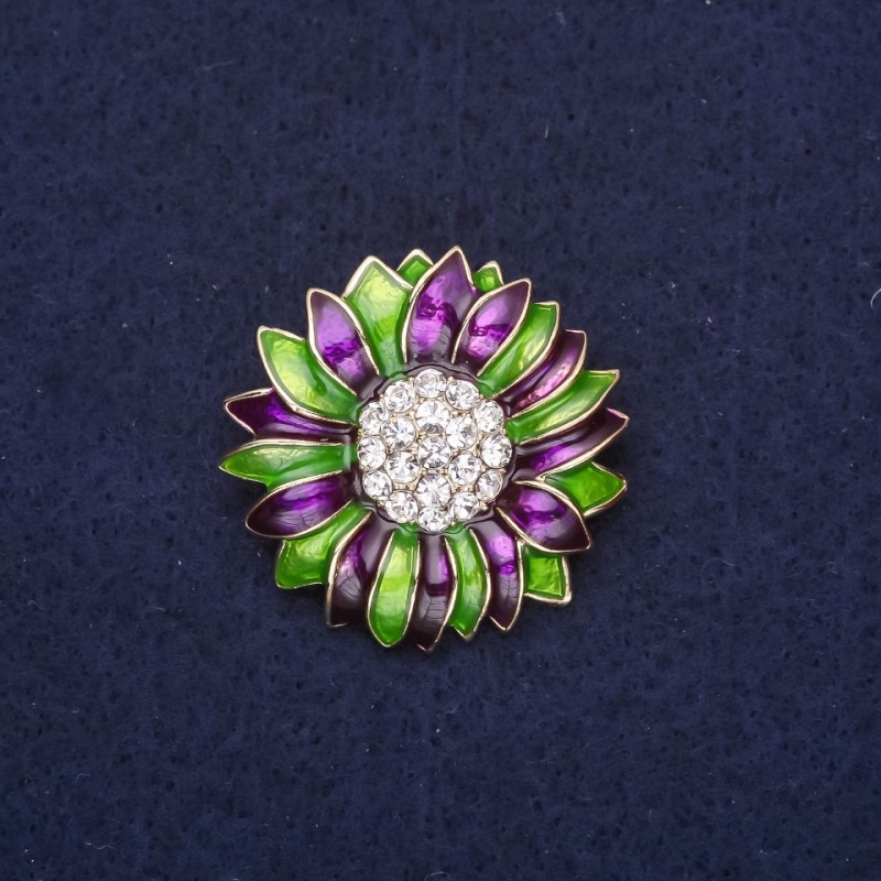 Brooch Flower with Rhinestones Enamel Green Purple 29mm Gold-tone Metal