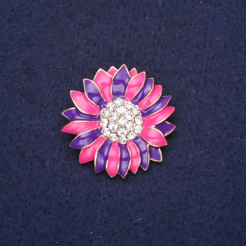 Brooch Flower with Enamel and Crystals, Raspberry and Purple, 29mm, Gold-tone Metal