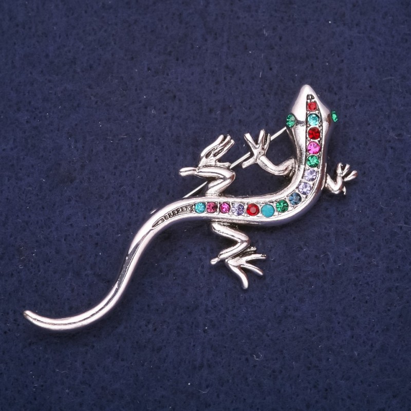 Lizard Brooch with crystals turquoise-red green 64x26mm yellow metal