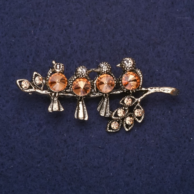 Brooch Birds on a Branch with Champagne Crystals Gold Metal 55x25mm
